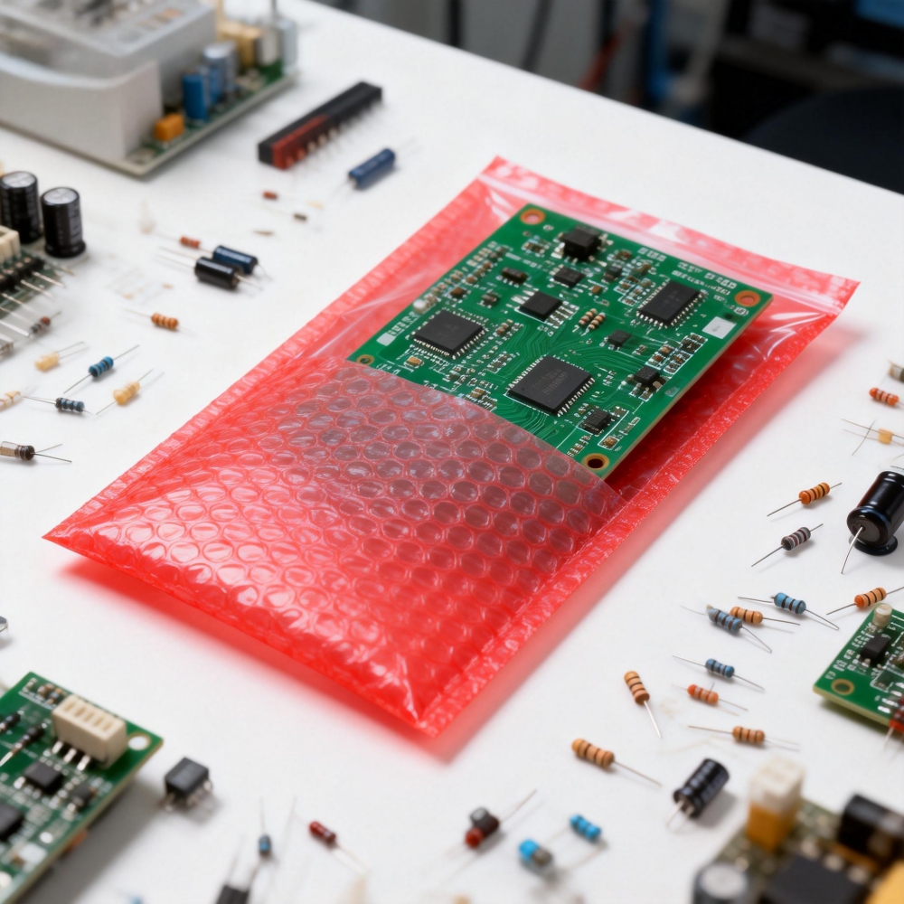 jimeng-2026-01-07-1558-參考圖1的紅色防靜電氣泡袋，制作電路板包裝場景，紅色防靜電氣泡袋正在包裝綠色電路....jpg